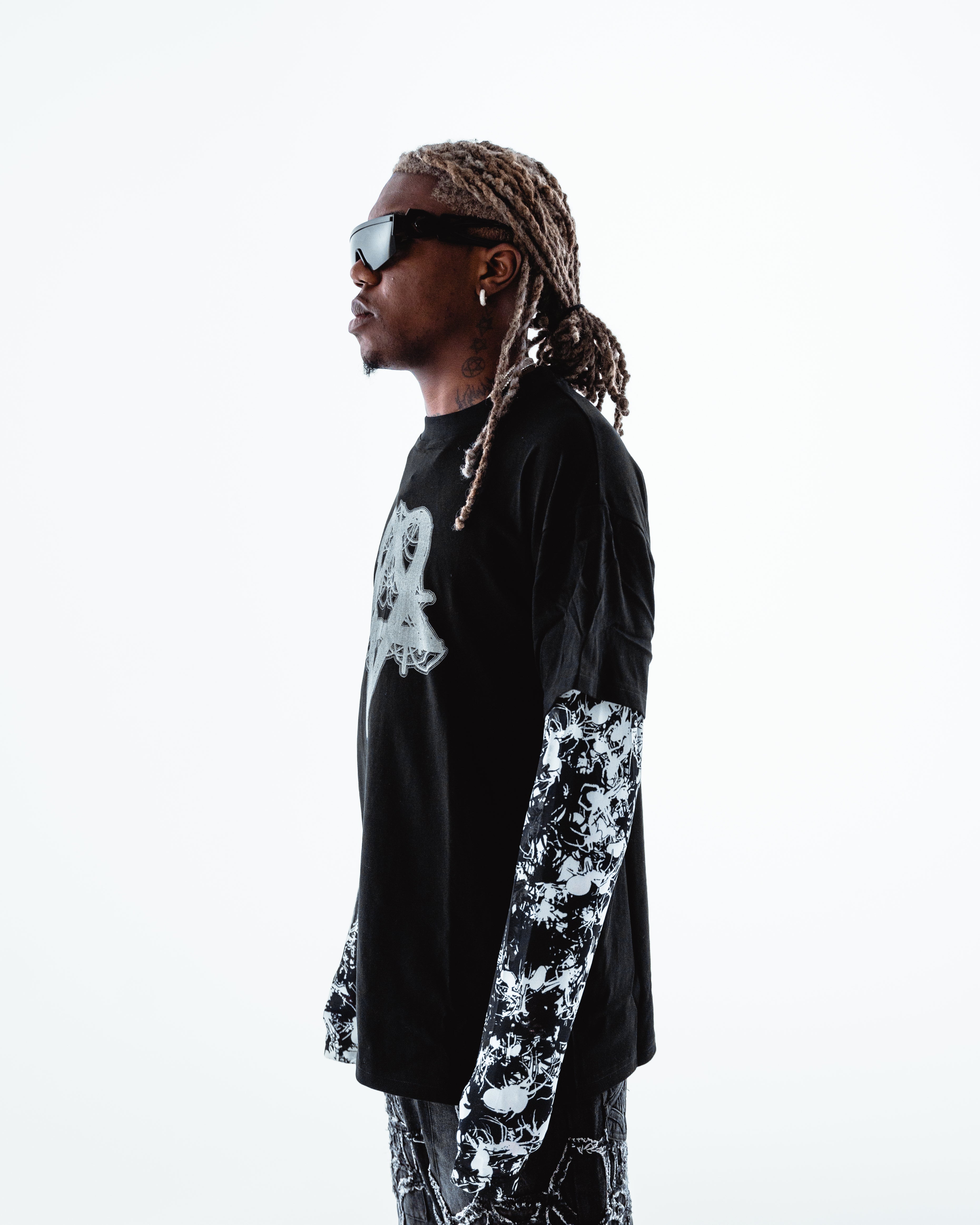 BL Overlapping Divinity Tee with Camo Mesh Sleeves